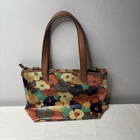Fossil Key Per Coated Canvas Purse Tote Hand Bag Retro 70s Floral Brown Leather - Picture 3 of 12